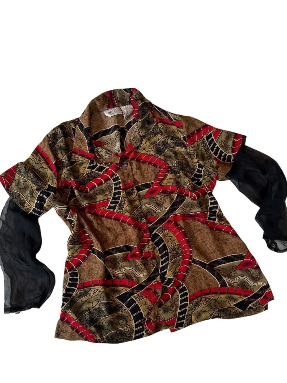 Silky Abstract Print Blouse with Sheer Black Sleeves
